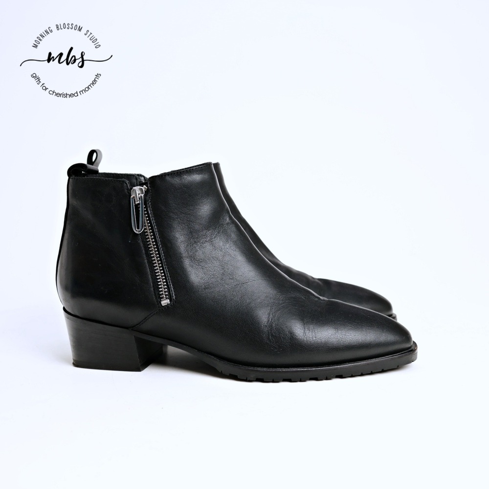 Aquatalia Nadie Ankle Almond Toe Smooth Leather Side Zips Booties Black Women 11
